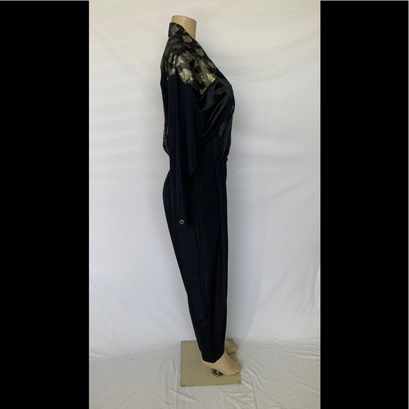VTG Jon Wesley Sz 8 Black W/Gold Flowers Jumpsuit - Picture 3 of 8
